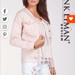 NWOT Frank Lyman blush denim jacket with faux pearls and rhinestones